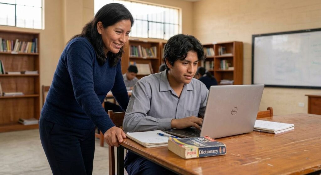 Estudiante usando una tablet en clase con acompañamiento de su docente